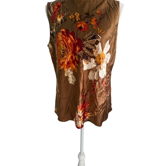 ELLEN TRACY Brown Floral Silk Blend Top Size 12 - Picture 5 of 10